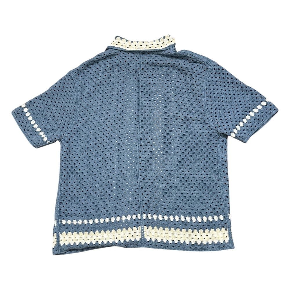 Truth by Republic Coastal Bohemian Blue Crochet Knit Button Up Shirt Mens Large - Picture 2 of 5